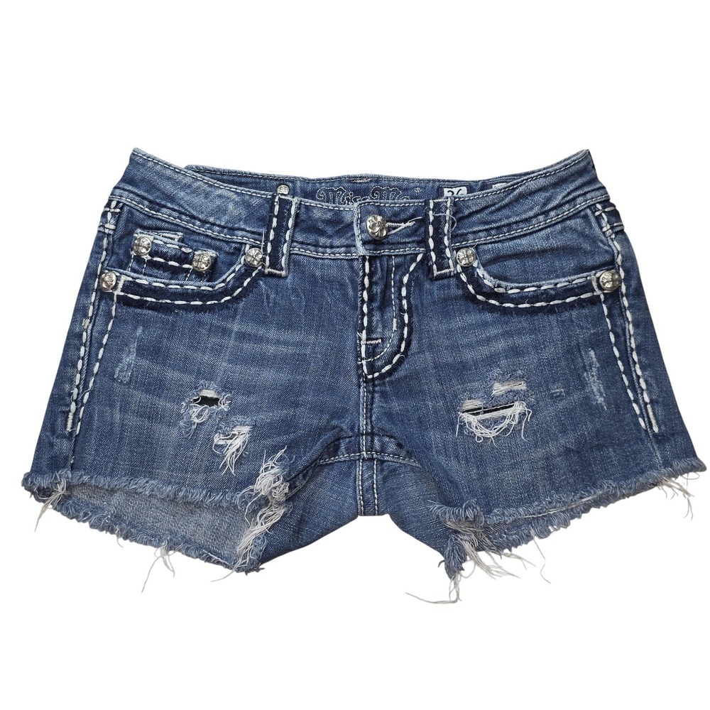 VTG Y2K Miss Me Micro Mini Booty Short Women 26 Cut Off Rhinestone Heavy Stitch